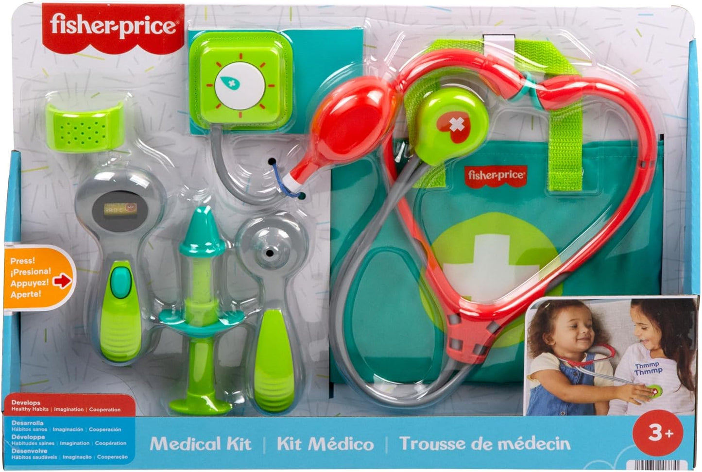 Kit Médico de Brinquedo Fisher-Price para Crianças em Idade Pré-Escolar, 7 Peças, Bolsa de Médico, Brinquedo para Vestir, para Crianças a partir de 3 Anos, HYH26