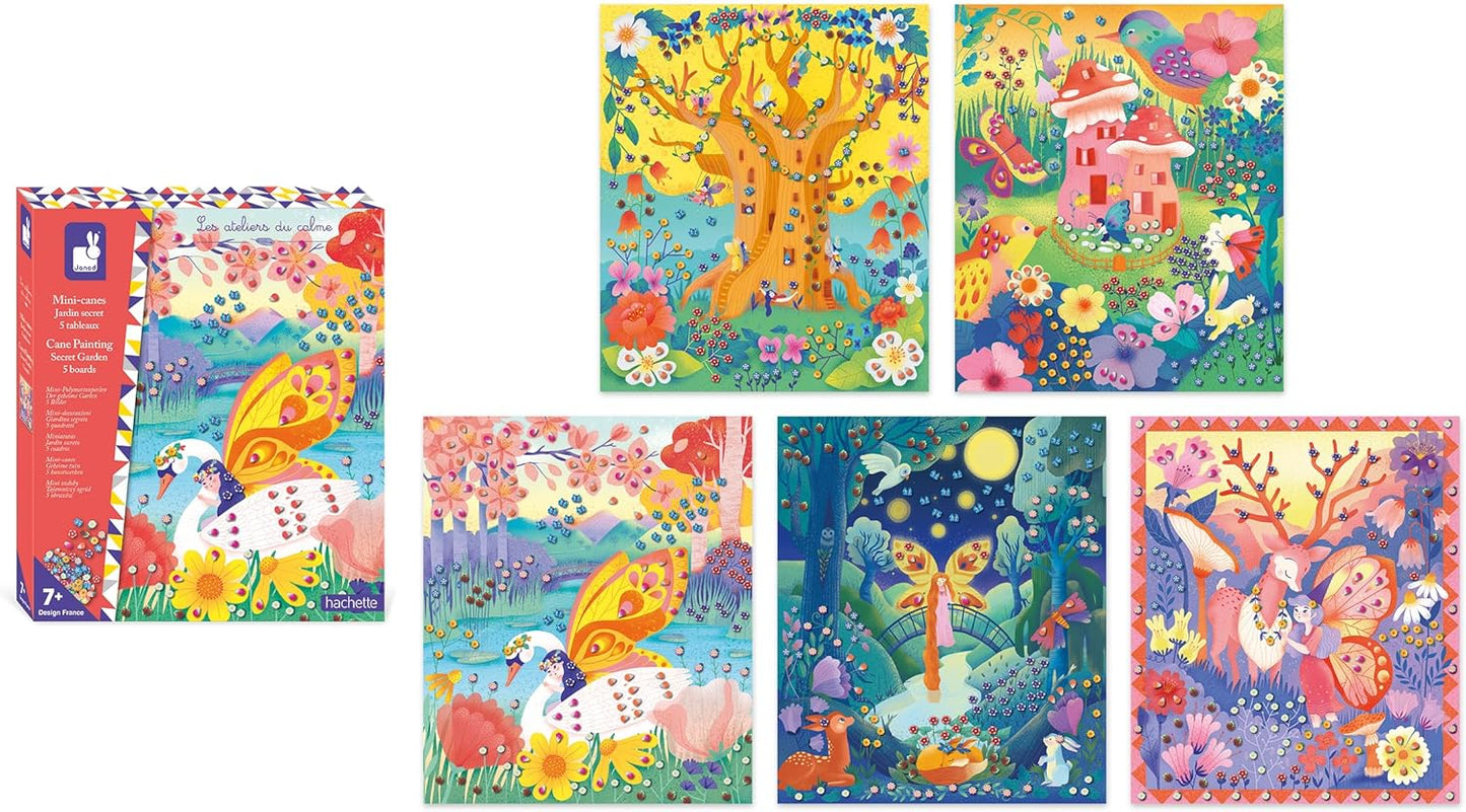 Janod - Conjunto de colagem de mini-bengala Secret Garden - The Calm Workshops - 5 pranchas - Kit de artesanato infantil - Habilidades motoras finas e aprendizagem de concentração - a partir de 7 anos