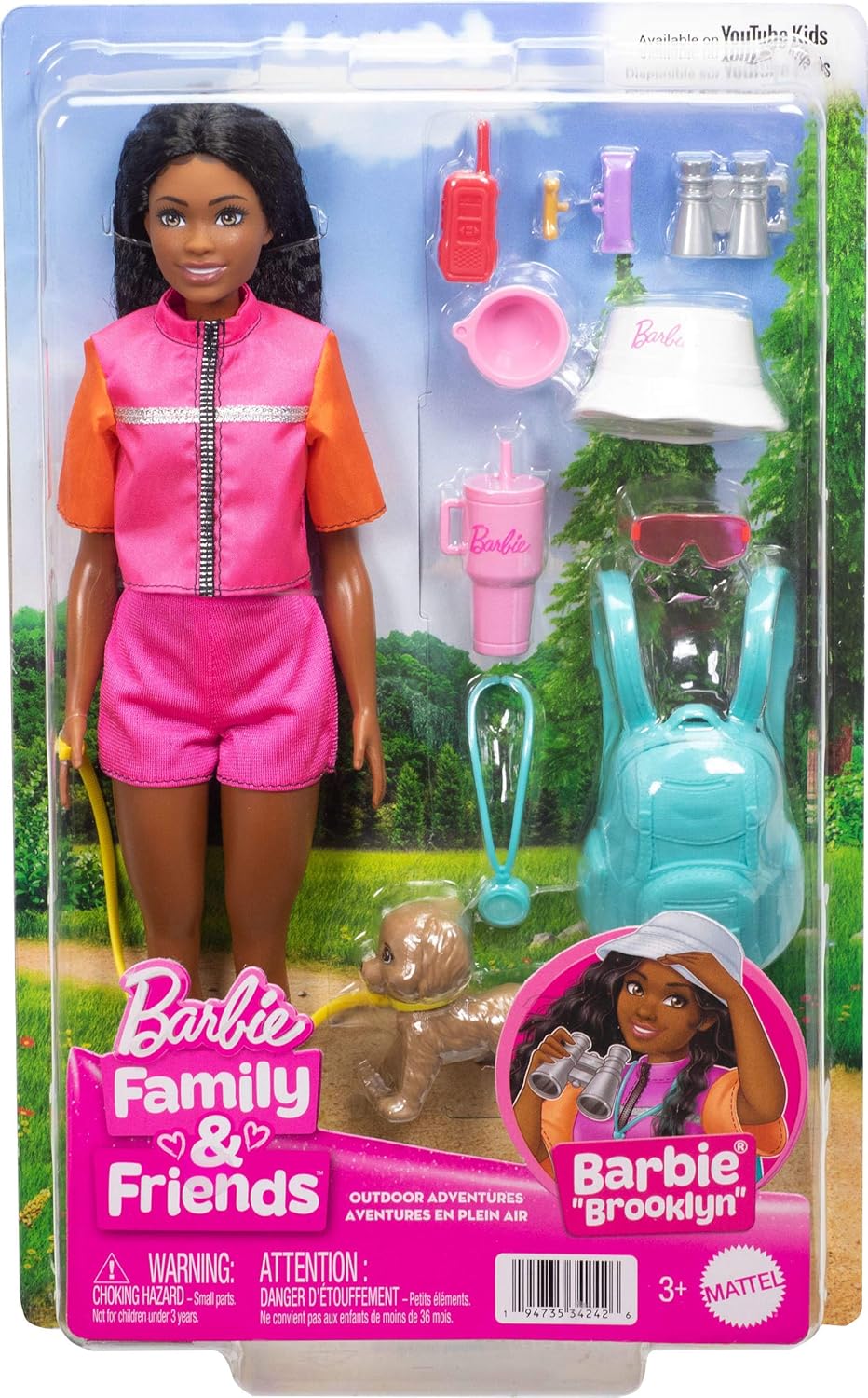 Barbie “Brooklyn” Aventuras ao Ar Livre, Boneca Fashion com Roupa de Aventura e Mais de 10 Acessórios com Tema de Acampamento, Incluindo um Cachorrinho de Estimação, JJV60
