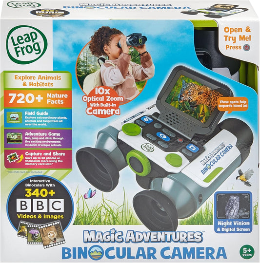LeapFrog Câmera binocular Magic Adventures, binóculos interativos reais com visão noturna e câmera com zoom óptico de 10X, imagens educacionais da BBC, vídeos e fatos, brinquedo para 5, 6+ anos