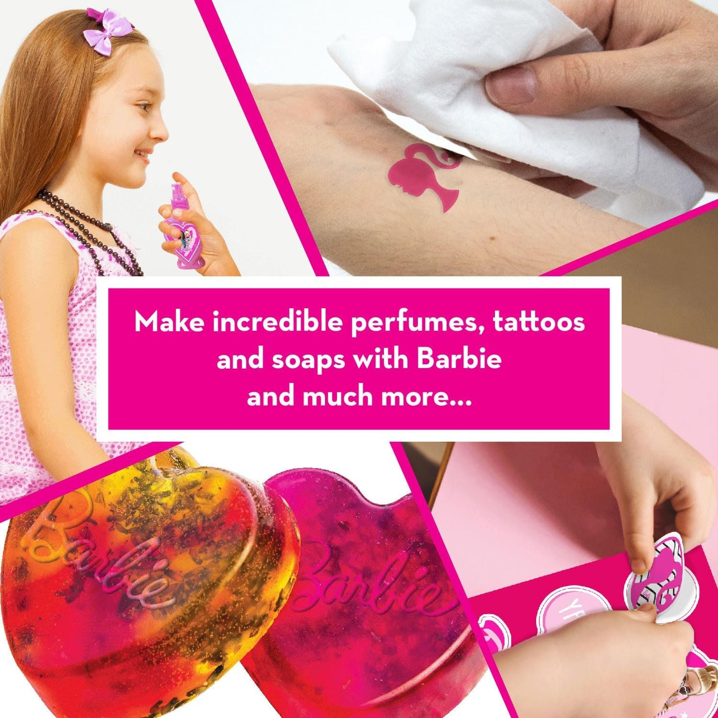 Science4you Kit de fabricação de perfume e sabonete da Barbie para crianças de 8 anos ou mais, faça seus próprios sabonetes e perfumes da Barbie, tatuagens temporárias para festas, kits de artesanato de beleza para crianças