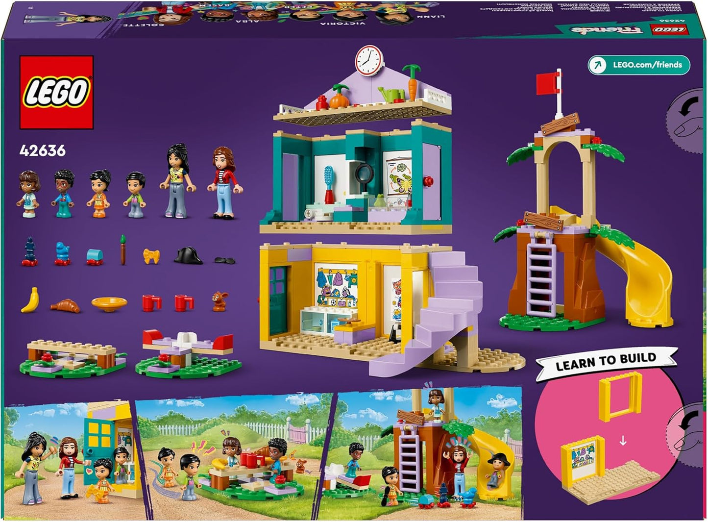 LEGO Friends Heartlake City Juego de aula preescolar, juguetes de aprendizaje para niñas, niños y niños de 4 años en adelante, juego de simulación creativo con 2 minimuñecas y 4 micromuñecas, idea
