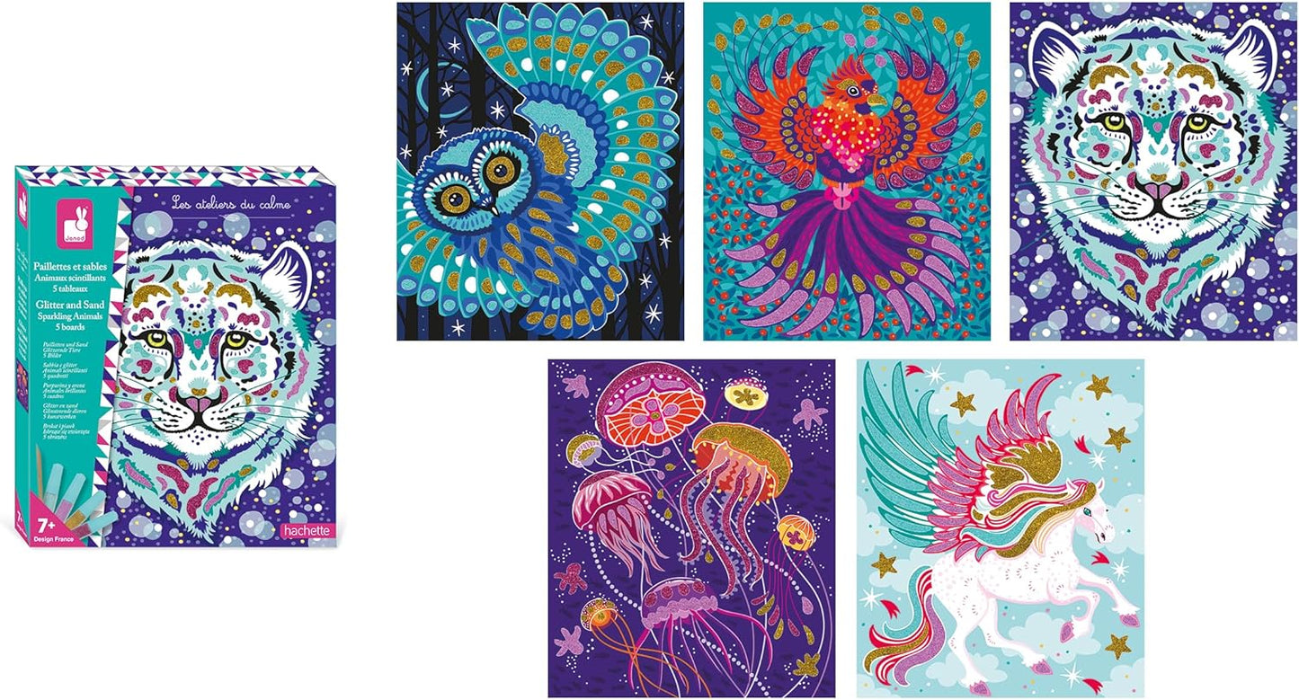 Janod - Brilho Cintilante e Animais de Areia - Atividade de Artesanato Infantil - Kit de Artes e Ofícios - com Areia Decorativa e Brilho Biodegradável - Atividade para maiores de 3 anos,