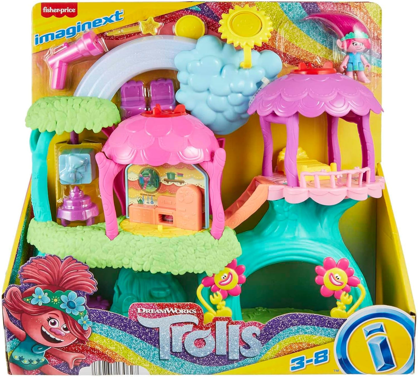Imaginext DreamWorks Trolls Conjunto de brinquedos musicais , luzes e sons Rainbow Treehouse com figura de papoula e 7 peças de brincar para crianças em idade pré-escolar