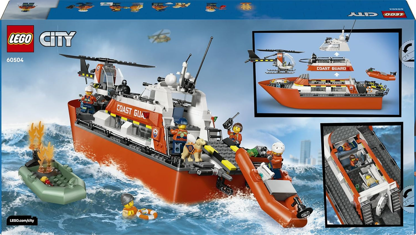 LEGO City Coast Guard Rescue Boat & Helicopter Toy - Emergency Vehicles Playset w/Model Floating Ship, 5 Minifigures & a Dog Figure - Birthday Gift for 7+ Year Old Boys - 60504