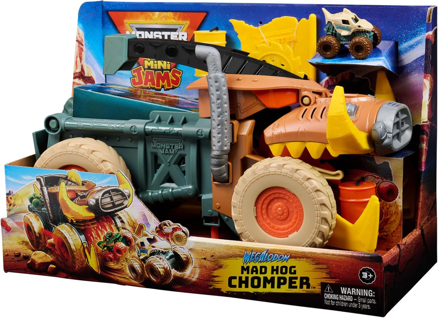 Monster Jam Mini Jam, Megalodon, Mad Hog Chomper e Monster Truck, Diversão para Organizar e Guardar, Brinquedo Ideal para Crianças a partir de 3 Anos