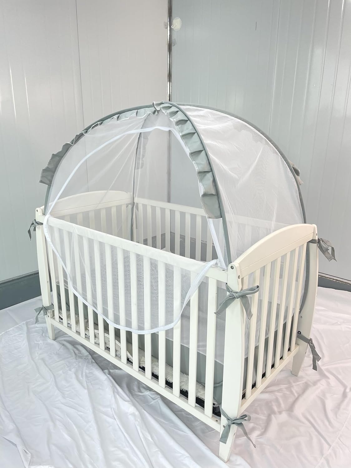 PandaEar Tenda dobrável para berço, impede que o bebê saia escalando, cobertura de malha respirável para berço, capa para berço com zíper, fácil instalação (cinza)