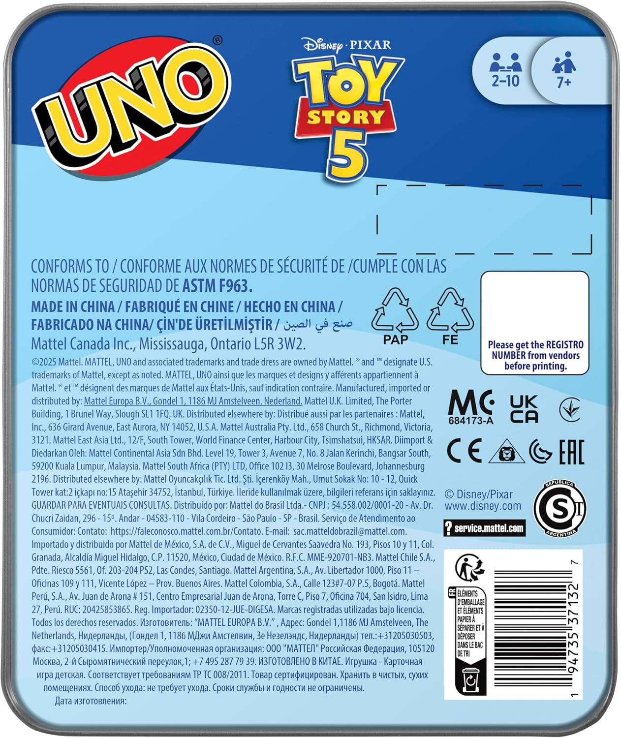 Mattel Jogo de Cartas Games UNO Disney e Pixar Toy Story | Baralho inspirado no filme com regra especial do filme, para crianças e noites em família, ideal para festas, viagens e acampamentos, JLX06