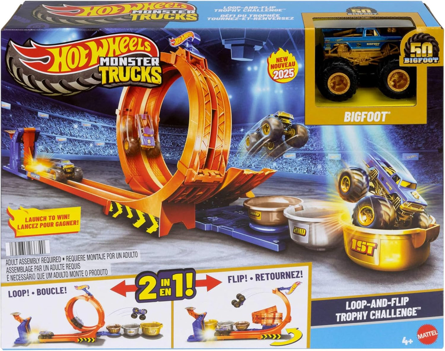 Hot Wheels Conjunto de Caminhão e Pista Monster Trucks, Playset Desafio de Troféu Loop-And-Flip e Miniatura Bigfoot em escala 1:64 do 50º Aniversário, 2 Formas de Brincar, JBX64