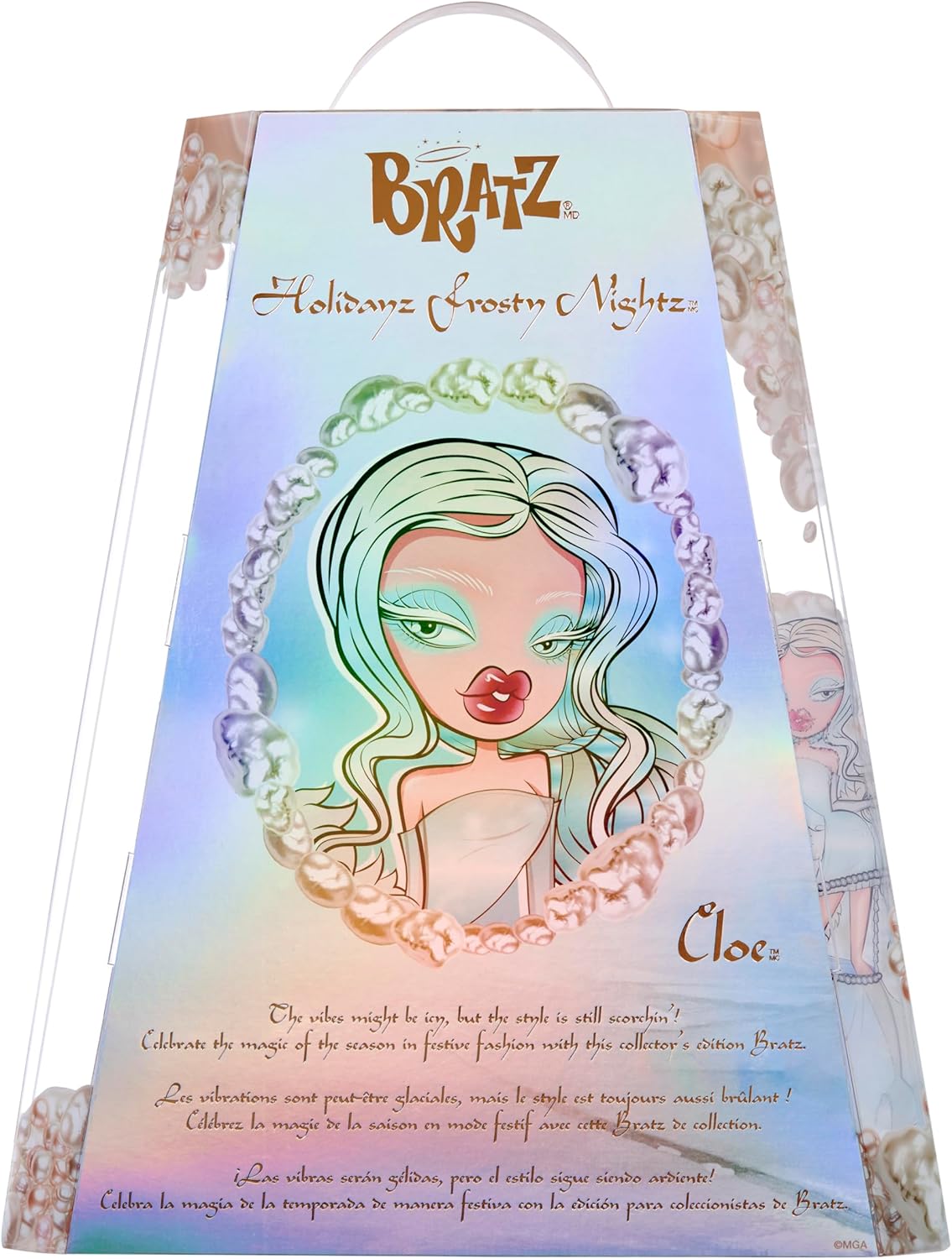 Bratz Boneca Holidayz Frosty Nightz - Cloe Edição de Colecionador, com roupas e acessórios de verdade, branca e azul.