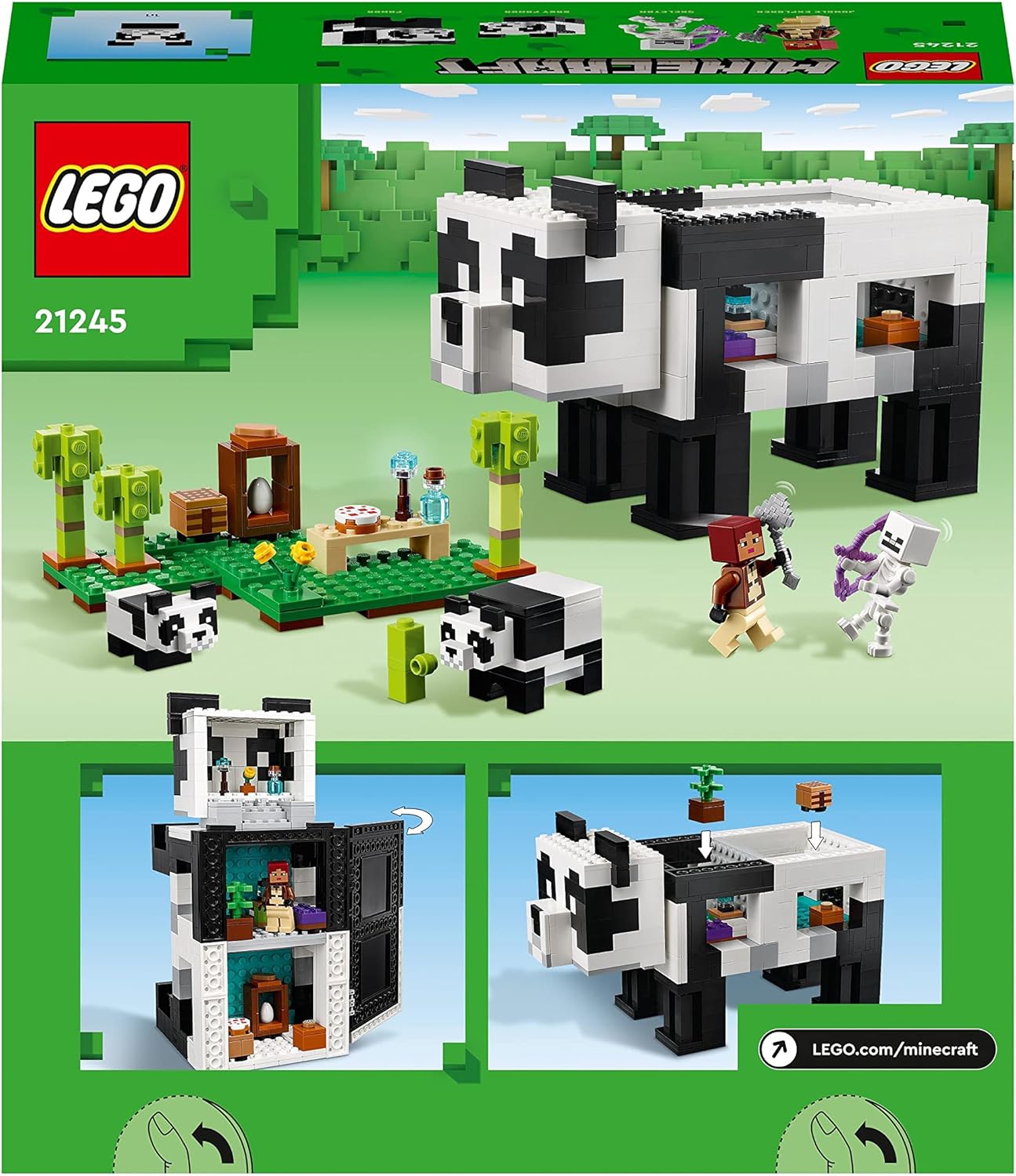 LEGO Conjunto Minecraft The Panda Haven, casa de brinquedos móvel com figuras de animais de pandas bebês, brinquedos para crianças, meninos e meninas de mais de 8 anos