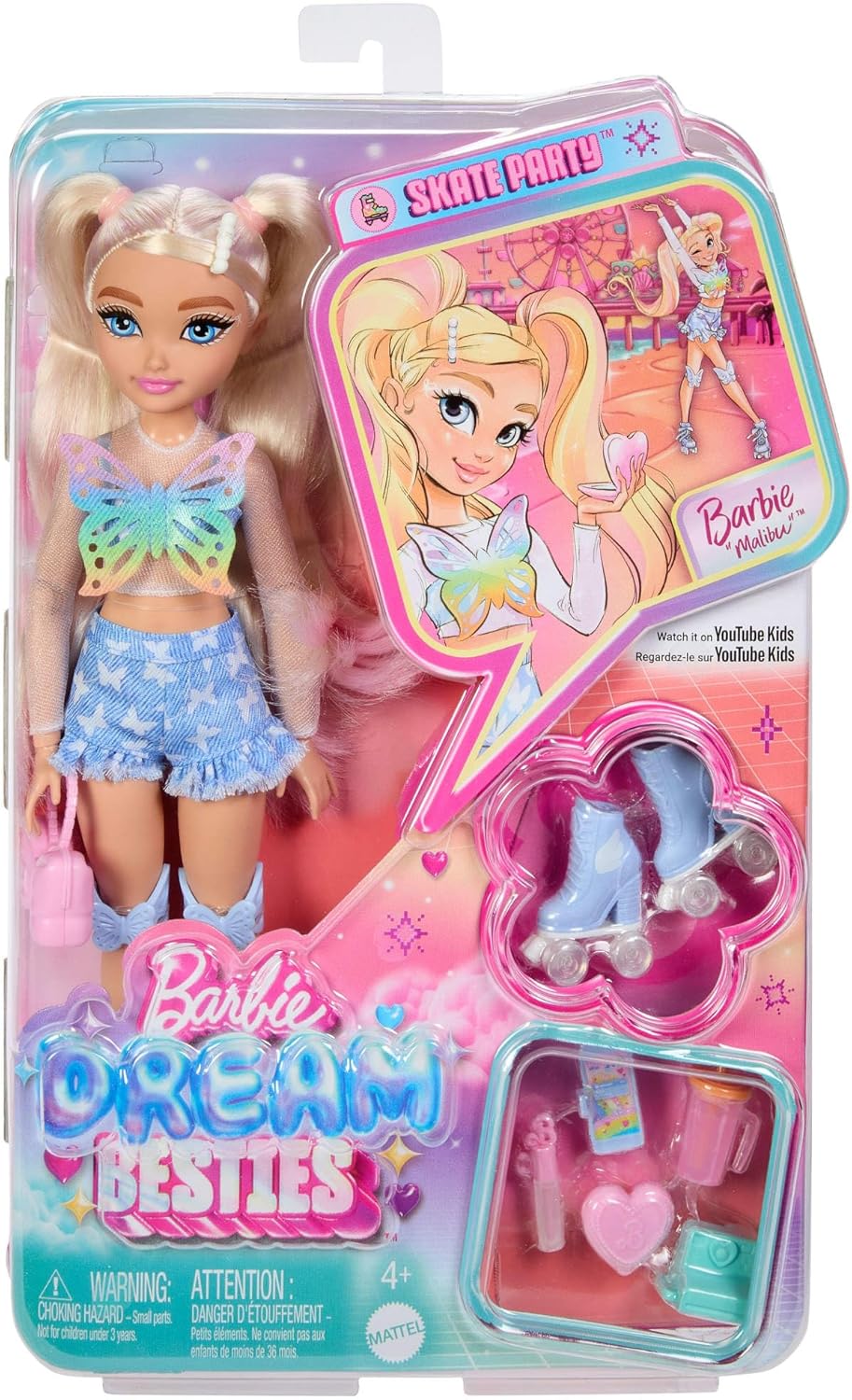 Barbie Dream Besties Boneca e Acessórios, Barbie “Malibu” Boneca Fashion Articulada de Patins com Cabelo Loiro, 9 Peças de Maquiagem Temáticas, JFX96