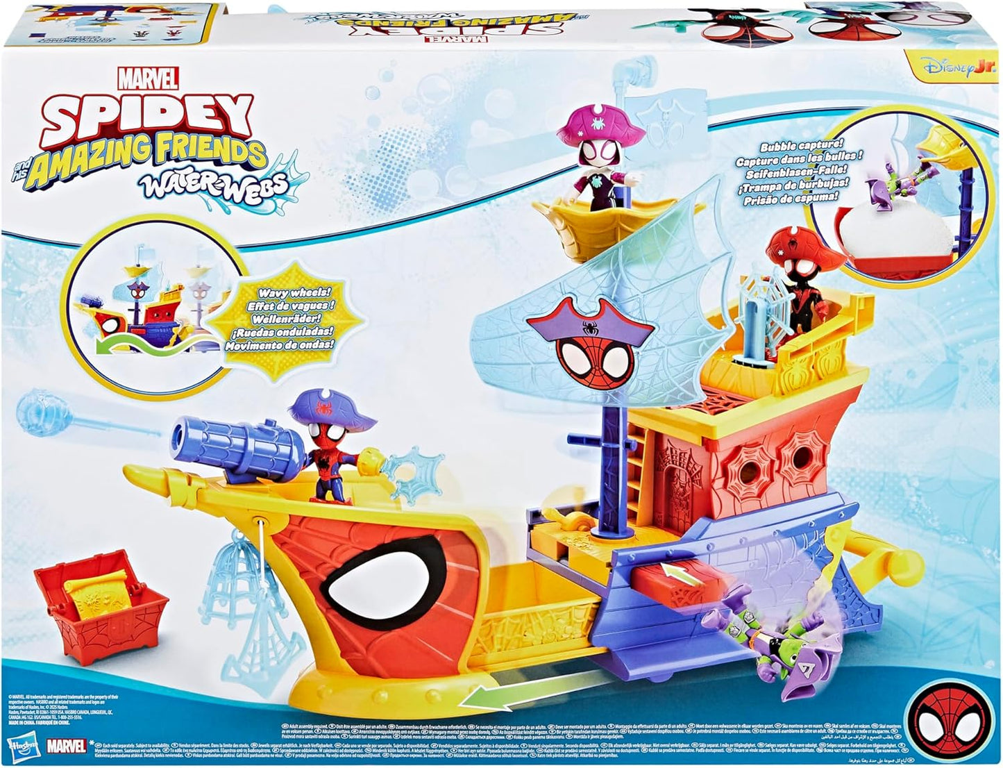Spidey and his Amazing Friends Conjunto de brinquedo Marvel Water-Webs Webs Ahoy Bubble Pirate Ship de 43 cm com máquina de bolhas de sabão de verdade e figuras do Homem-Aranha e do Duende Verde.