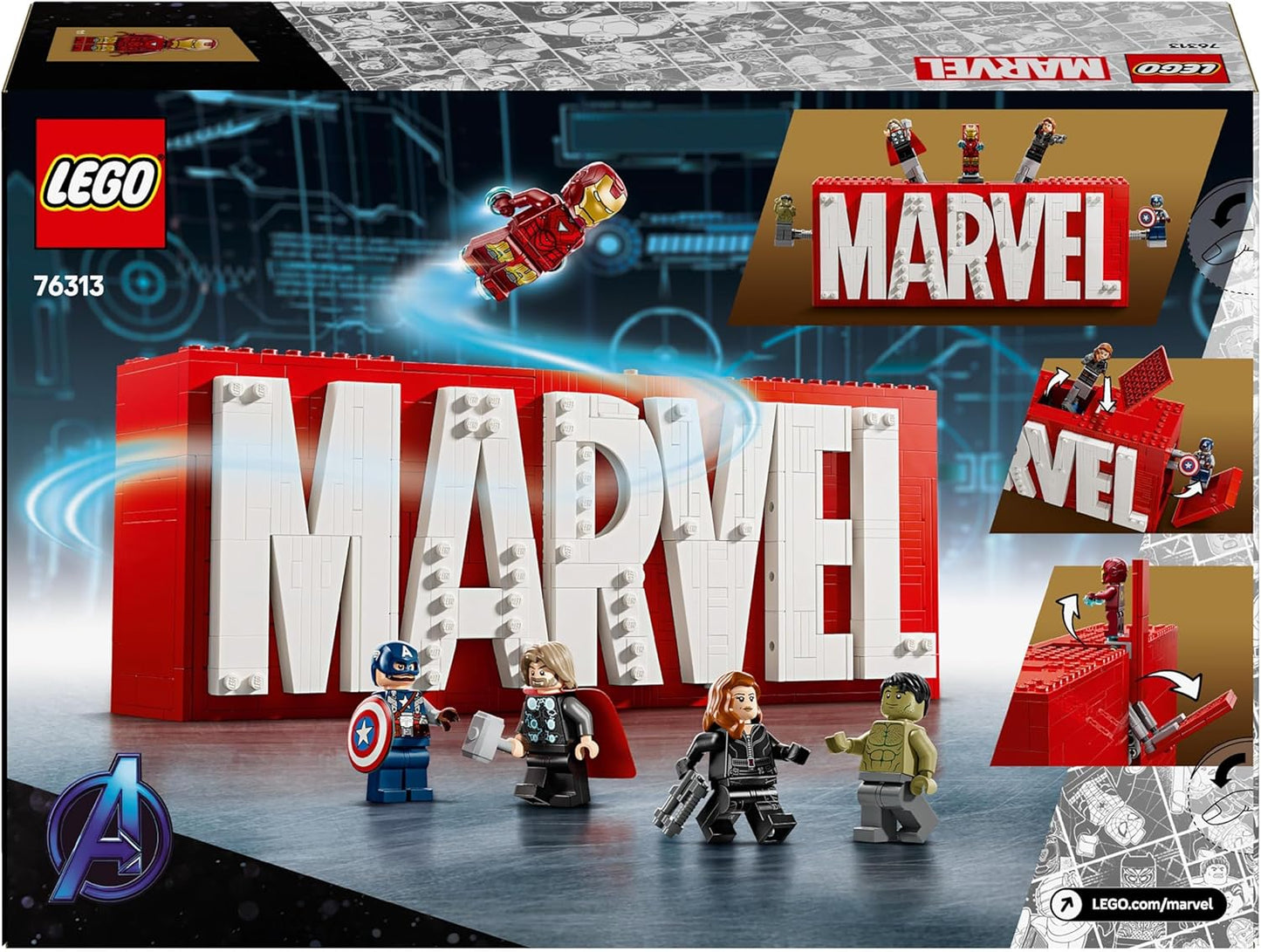 LEGO Marvel: MARVEL Logo & Minifigures - Brinquedo de construção de super-heróis com 5 personagens incl. Homem de Ferro, Thor, Viúva Negra e Hulk - Presente dos Vingadores para meninos, meninas e adolescentes com mais de 12 anos
