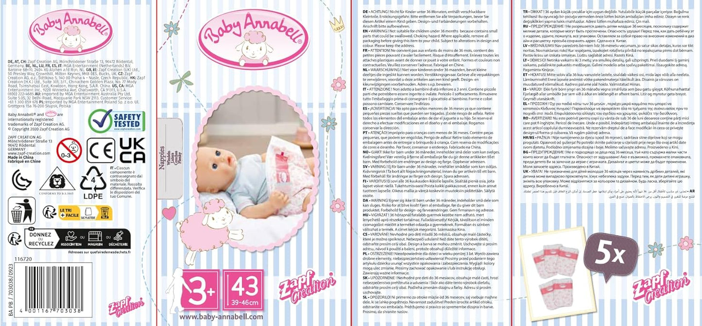 Baby Annabell Fraldas, Multicoloridas, Tamanho Pequeno, Pacote com 5