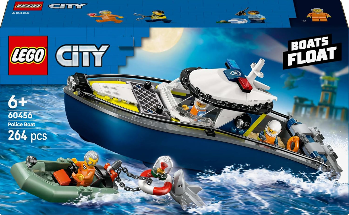 LEGO Conjunto de Perseguição de Barco Policial City - inclui 2 barcos de brinquedo, 3 minifiguras e um tubarão - Presente para meninos e meninas a partir de 6 anos - 60456
