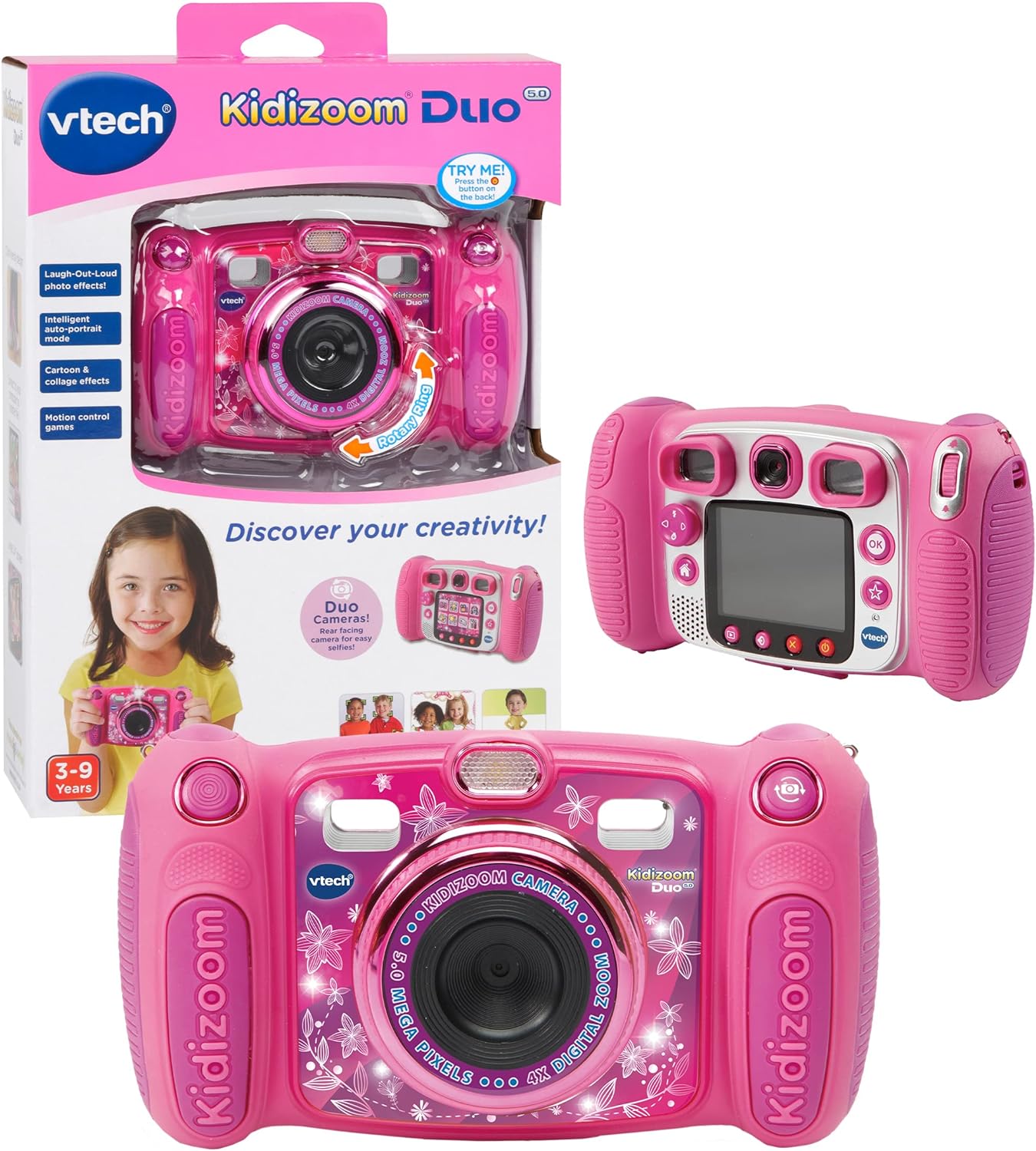 VTech KidiZoom Duo FX, câmera infantil com tela colorida, 8 MP, fotos, selfies e vídeos, filtros AR, 20 jogos, 75 efeitos de foto e vídeo, filtros e molduras, para bebês de 3, 4, 5, 6, 7 anos ou mais, rosa