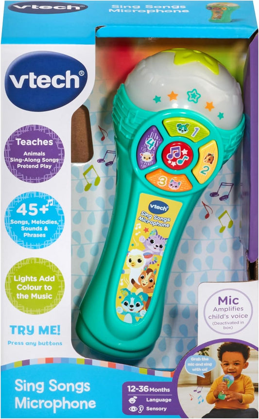 VTech Microfone para cantar canções de bebê, brinquedo de microfone interativo com 4 botões para animais, sons e números, luzes piscantes e música, brinquedo musical para bebês de 12, 18, 24 meses +, versão em inglês