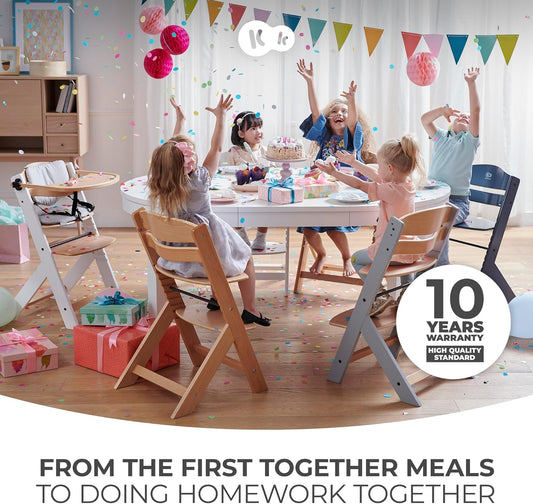 Kinderkraft Cadeira alta de madeira 3 em 1 NECK, cadeira multifuncional para bebês, altura e apoio para os pés ajustáveis, cinto de segurança, com bandeja removível, para crianças de até 10 anos, cinza de madeira