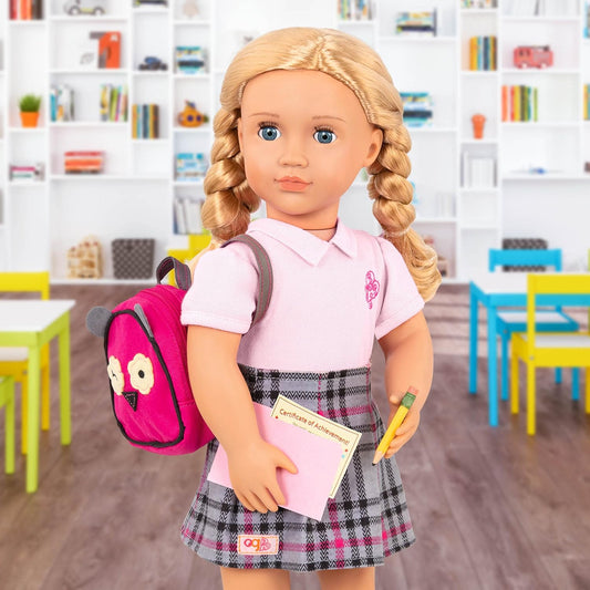 Our Generation Boneca Hally da Boneca macia de 18 polegadas com acessórios de roupas de Natal – Olhos azul-acinzentados exclusivos e cabelos loiros cacheados