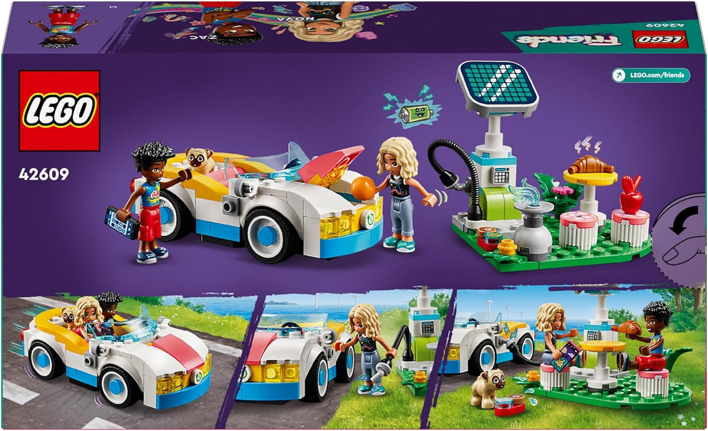 LEGO Friends Coche eléctrico y cargador, vehículo de juguete ecológico para niñas, niños y niños de 6 años en adelante, juego de aventuras con personajes de minimuñecas Nova y Zac y una figura