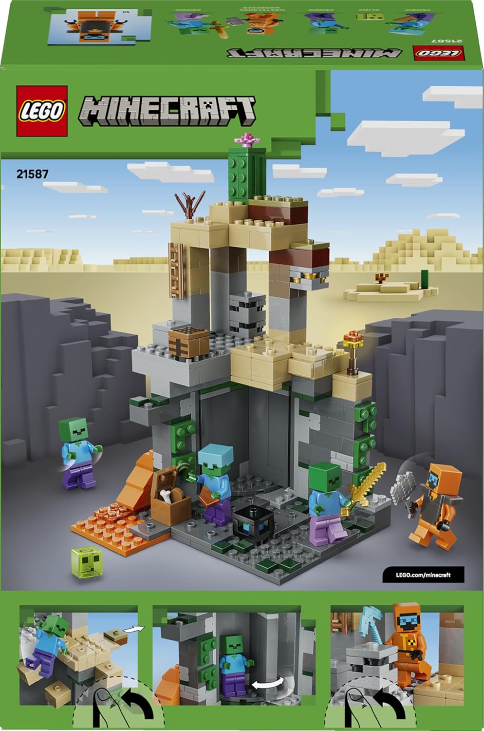 LEGO Minecraft Masmorra Zumbi - Brinquedo Interativo com Minifigura de Andarilho, 3 Figuras de Zumbis, Slime e Mesa de Artesanato - Presente Gamer para Meninos e Meninas a partir de 8 Anos - 21587
