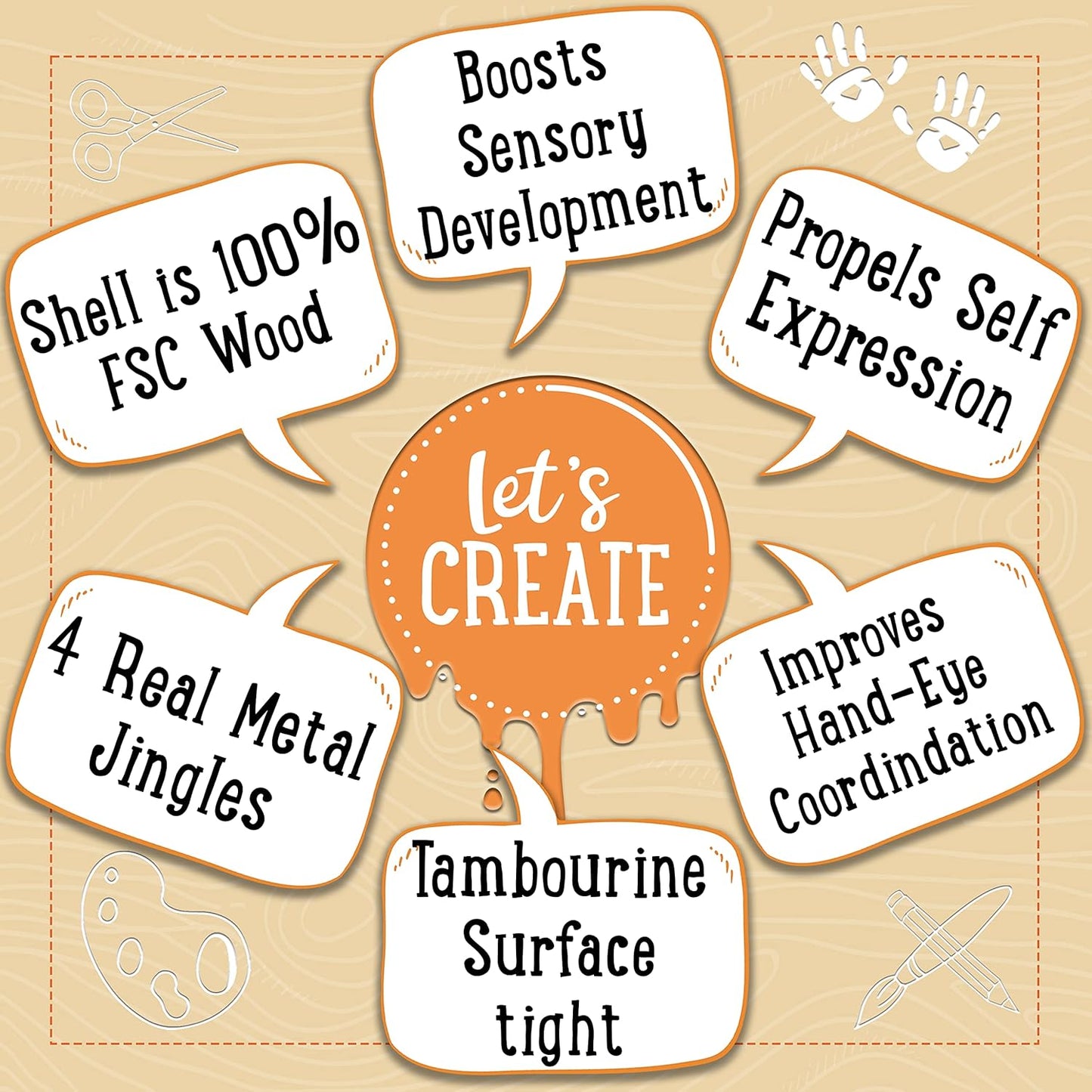 Jaques of London Pandeiro de madeira | Instrumentos musicais | Instrumentos musicais de madeira | Brinquedos de madeira | Desde 1795