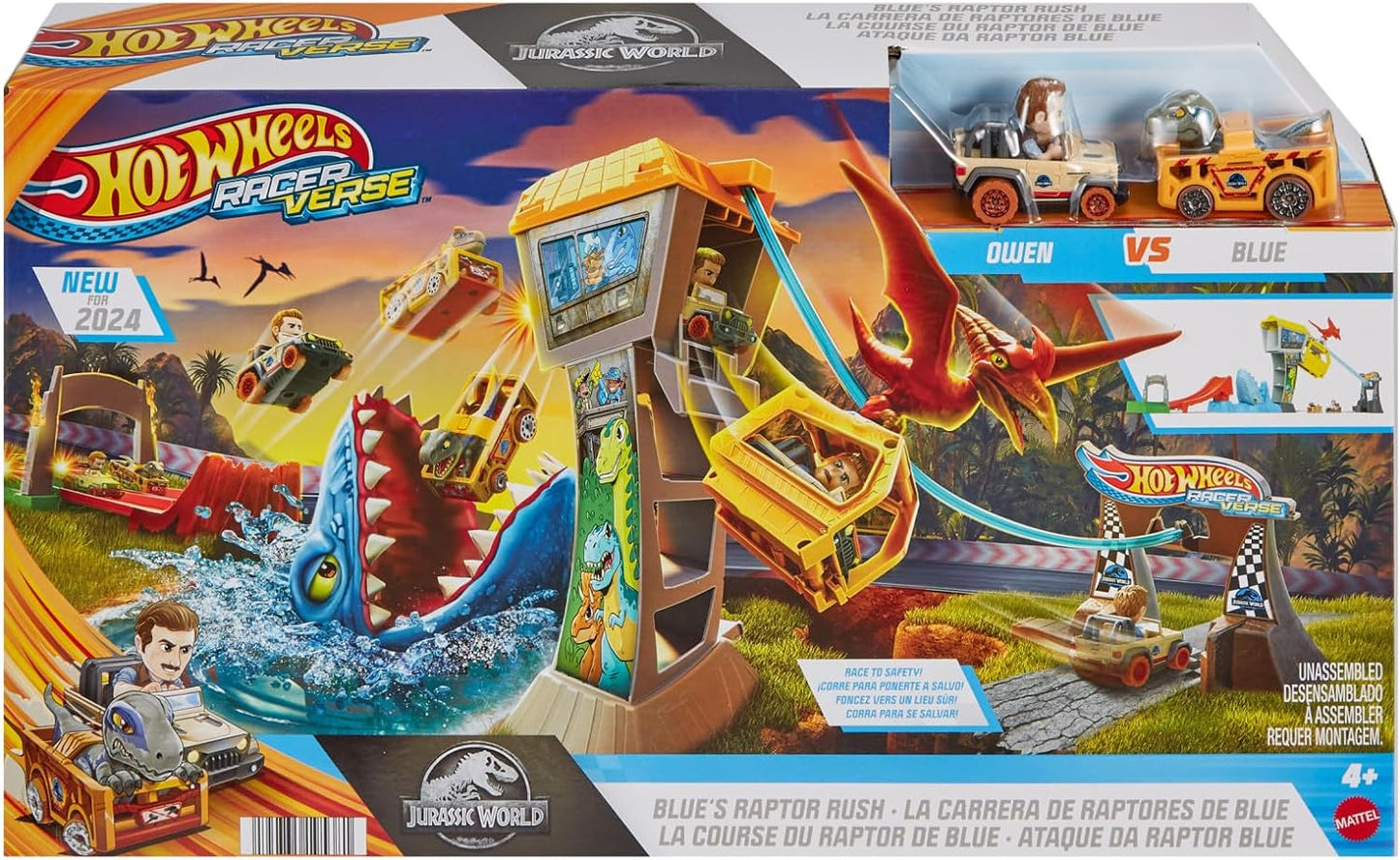 Hot Wheels Conjunto de pistas e carros de brinquedo, RacerVerse Jurassic World Blue’s Raptor Rush Track Set com 2 pilotos fundidos: Blue e Owen, HTP12