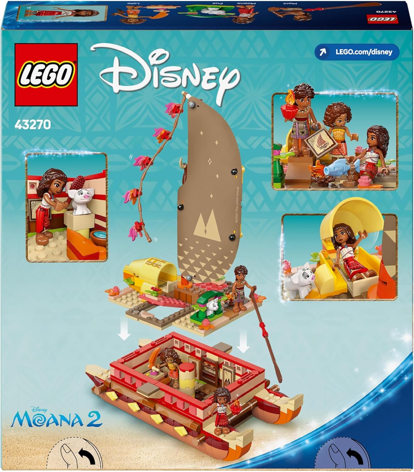 LEGO ǀ Disney Princess Moana’s Adventure Canoe Building Toy para meninas e meninos de 6 anos ou mais, conjunto inclui um barco e figuras de minibonecas de 4 personagens, presente de aniversário infantil