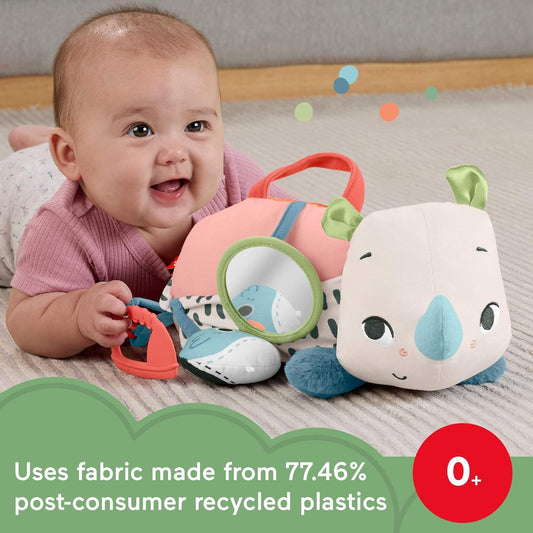 Fisher-Price Brinquedo para recém-nascidos Planet Friends: Rinoceronte de pelúcia que brinca de bruços com atividades sensoriais para bebês a partir de 0 meses, HYR55