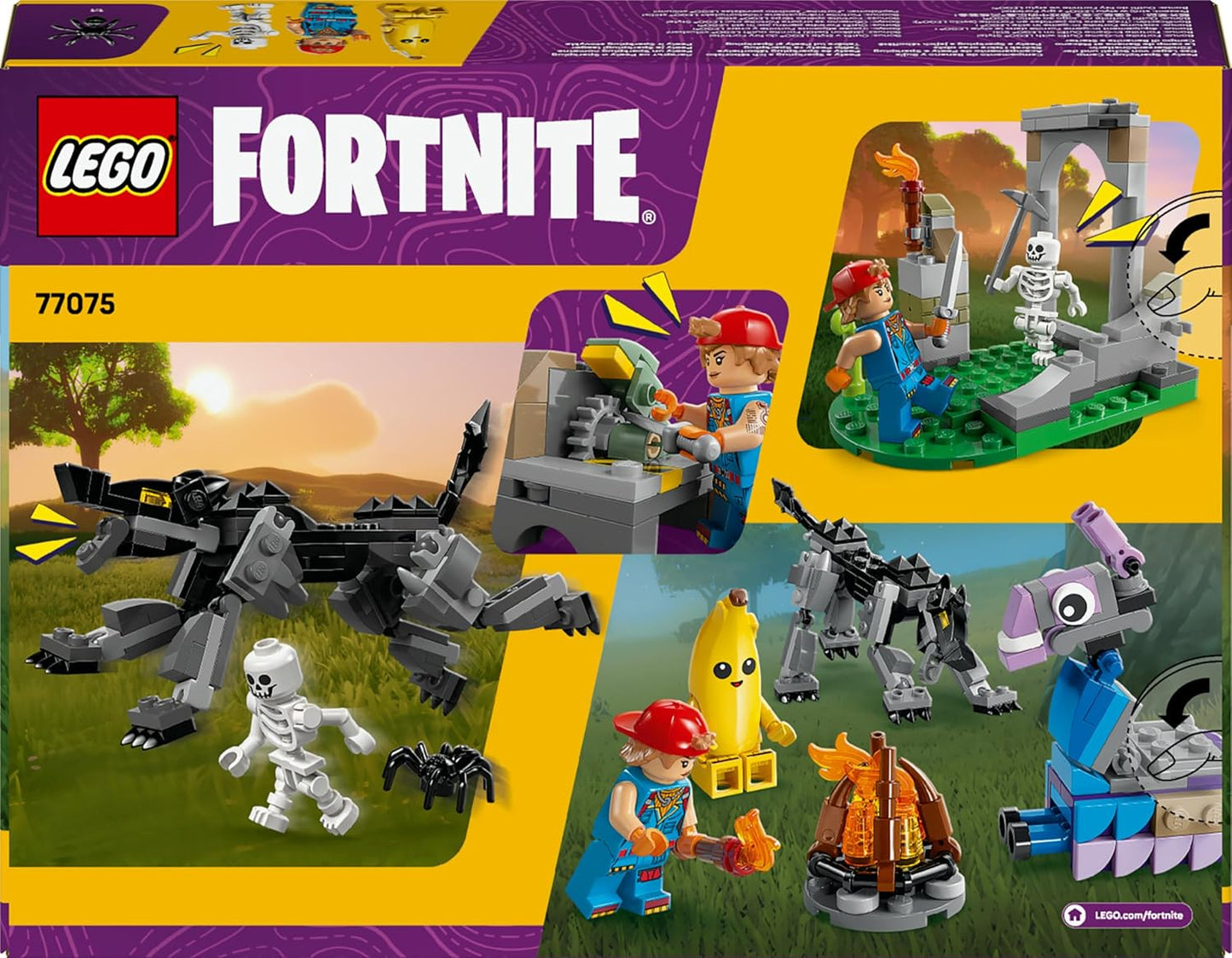 LEGO Brinquedo de Acampamento Fortnite Peely e Sparkplug - inclui bonecos de Lobo e Lhama de Suprimentos, além de uma fogueira e 3 minifiguras - Presente para meninos, meninas e fãs de jogos a partir de 7 anos - 77075