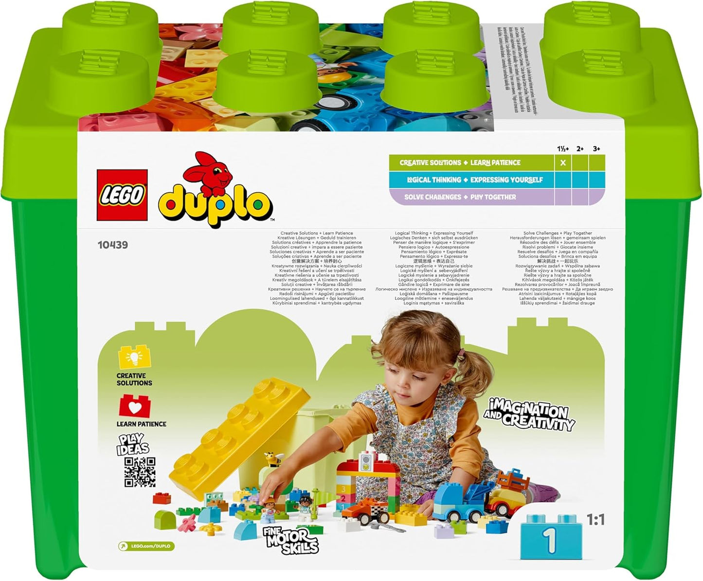 LEGO 10439 DUPLO Classic Cars and Trucks Brick Box Brinquedos de aprendizagem para crianças, apresenta um carro de corrida e brinquedo de caminhão para meninos e meninas de 18 meses,