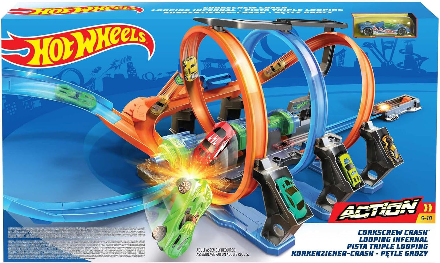 Hot Wheels Conjunto de pistas e carro de brinquedo, pista motorizada de grande escala com 3 saca-rolhas, 3 zonas de colisão e armazenamento de brinquedos, FTB65
