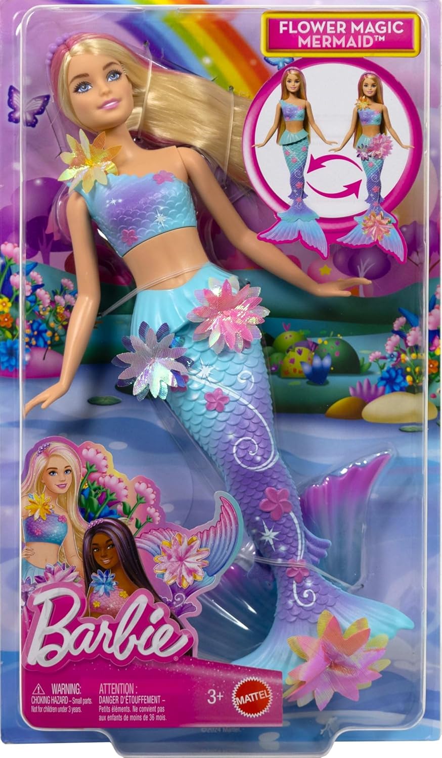 Barbie Boneca Sereia com Flores Mágicas Surpresa, Cauda Ombré, Tiara de Pérolas e Cabelo Loiro Longo com Mechas Rosa, JDM72