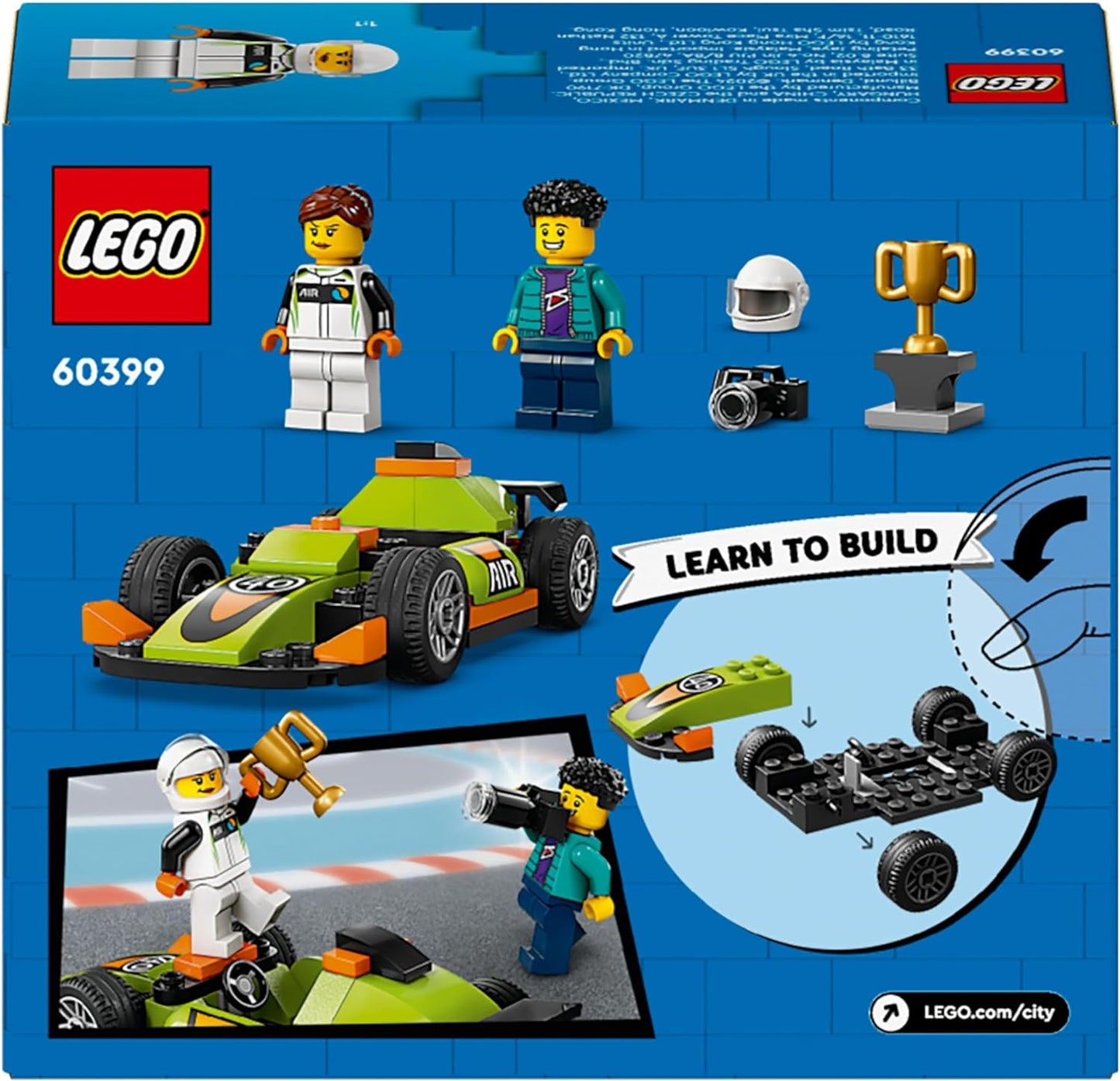 LEGO Brinquedo de carro de corrida City Green para meninos e meninas de 4 anos ou mais, kit de construção de veículos de corrida de estilo clássico, com minifiguras de fotógrafo e motorista, presentes para crianças em idade pré-escolar 60399