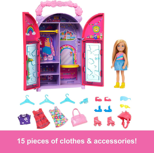 Barbie Chelsea Doll & Closet Toy Playset con 15 piezas de ropa y accesorios incluidos, juego plegable para jugar y almacenar en cualquier lugar, HXN03