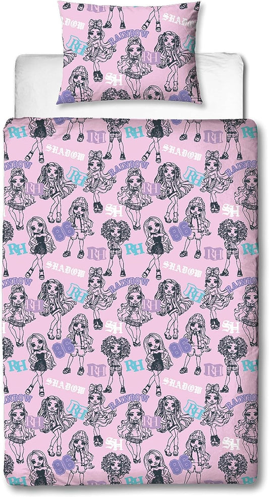 Conjunto de capa de edredom de solteiro oficial da Character World Rainbow High | Design das bonecas Shadow High | Roupa de cama reversível com fronha combinando | Conjunto para cama de solteiro