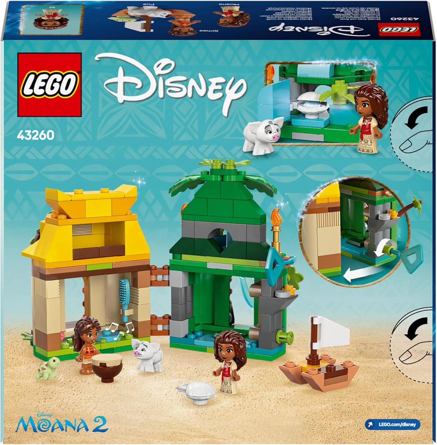 LEGO ǀ Disney Princess Moana’s Island Fun Set, brinquedo para construir com 2 microbonecas e uma casa para brincadeiras criativas, presente de aniversário para crianças, meninas e meninos com mais de 5 anos