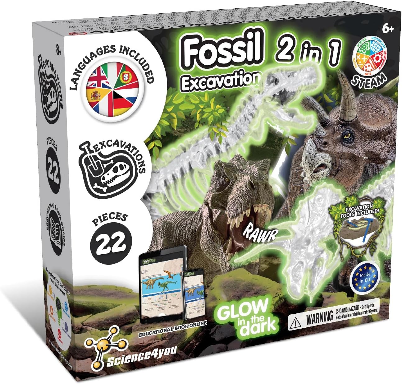 Science4you Kit de escavação de fósseis de dinossauro, kit de escavação de fósseis que brilha no escuro para crianças