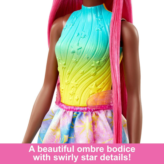 Muñeca Barbie Unicornio con cabello de fantasía magenta de 7 pulgadas de largo y coloridos accesorios estilo juego, diadema y cola de unicornio, HRR01