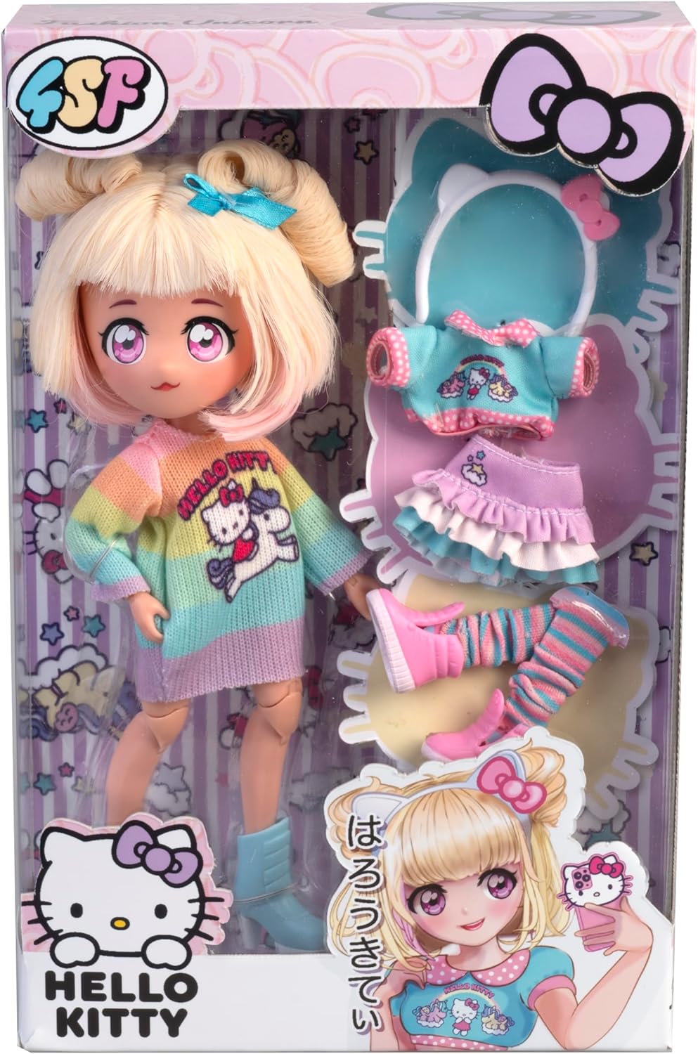 Hello Kitty 4SF Famosa Manga Fashion Unicorns, Boneca Fashion Japonesa, Figura de 19,5 cm com 15 Pontos de Articulação, Inclui Saia Ra-Ra, Polainas e Tiara com Orelhas, (HKTF2000)