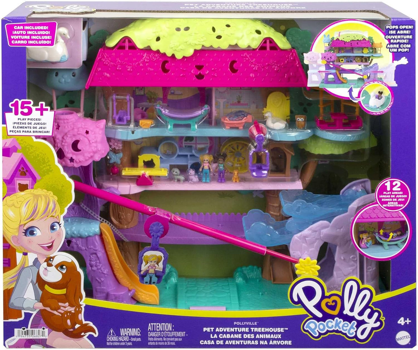 Polly Pocket Casa de boneca com 2 micro bonecas e acessórios, carro de brinquedo, funriture e 4 animais de estimação, casa de aventura expansível para animais de estimação, HHJ06