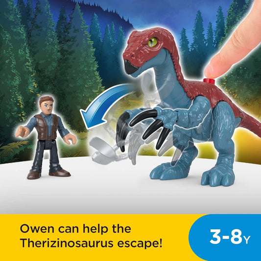 Fisher-Price Conjunto de 3 figuras articuladas Imaginext Jurassic World Dominion: Dinossauro Therizinosaurus e Owen Grady, para crianças em idade pré-escolar a partir de 3 anos.