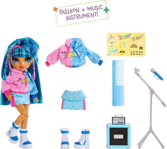 Rainbow High Junior High Rock Band - Skyler, Azul - Boneca Fashion de 23cm com Microfone, Suporte de Microfone e Amplificador, Personalizável com Adesivos, Articulada, Brinquedo Fofo para Crianças a partir de 4 Anos