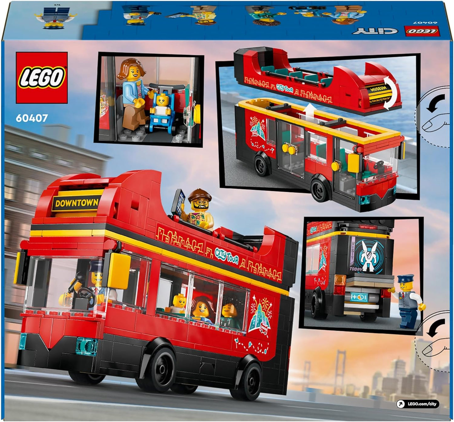 LEGO Brinquedo de ônibus turístico de dois andares City Red, veículo vermelho para meninos e meninas de 7 anos ou mais, conjunto criativo com 5 minifiguras, incluindo um bebê e um carrinho, ideia de presente de aniversário 60407