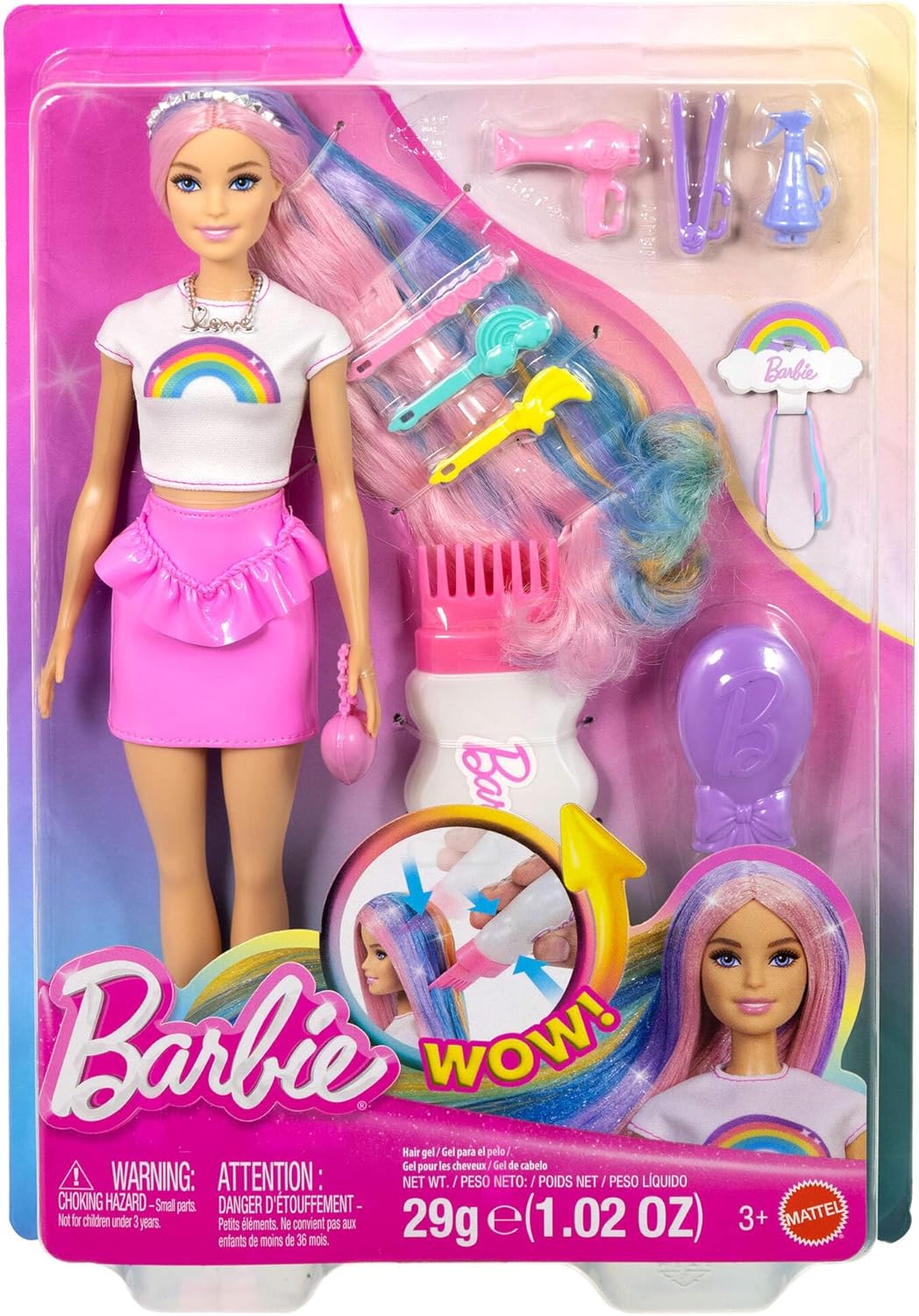 Barbie Boneca Cabelo Arco-Íris Brilhante, Cabelo Extralongo e Colorido com 12 Acessórios de Penteado como Tubo de Glitter, Escova, Presilhas, Secador de Cabelo e Mais, JJP07