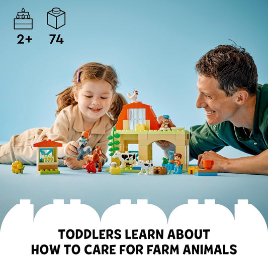 LEGO DUPLO Town Cuidando animales de granja, juguetes para niños, casa de granja con figuras de caballo, vaca y pollo, juego de juguetes de aprendizaje para niños pequeños, niñas y niños a partir de 2 años 10416
