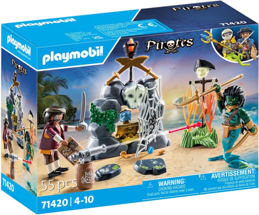 Playmobil 71420 Piratas: búsqueda del tesoro, pirata vs. Deeper, un emocionante mundo submarino con un pirata y un hombre anguila, juego de rol divertido e imaginativo, juegos adecuados para niños a partir de 4 años.