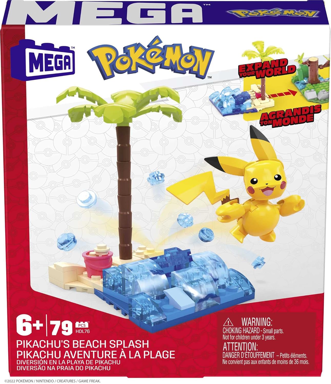 MEGA Conjunto de construção Beach Splash do Pokémon Pikachu com 79 peças e peças compatíveis que se conectam com outros mundos, conjunto de brinquedos para presente para maiores de 7 anos, HDL76