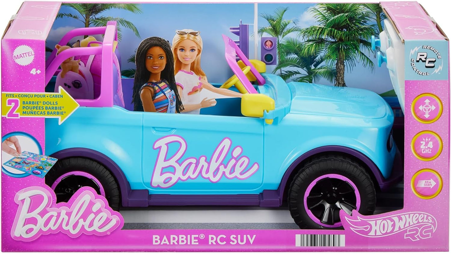 Hot Wheels Barbie RC SUV e adesivos, pode conter e armazenar 2 bonecas Barbie e acessórios, adesivos aplicados por crianças para personalização, HTP53